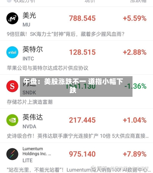 午盘:美股涨跌不一 道指小幅下跌